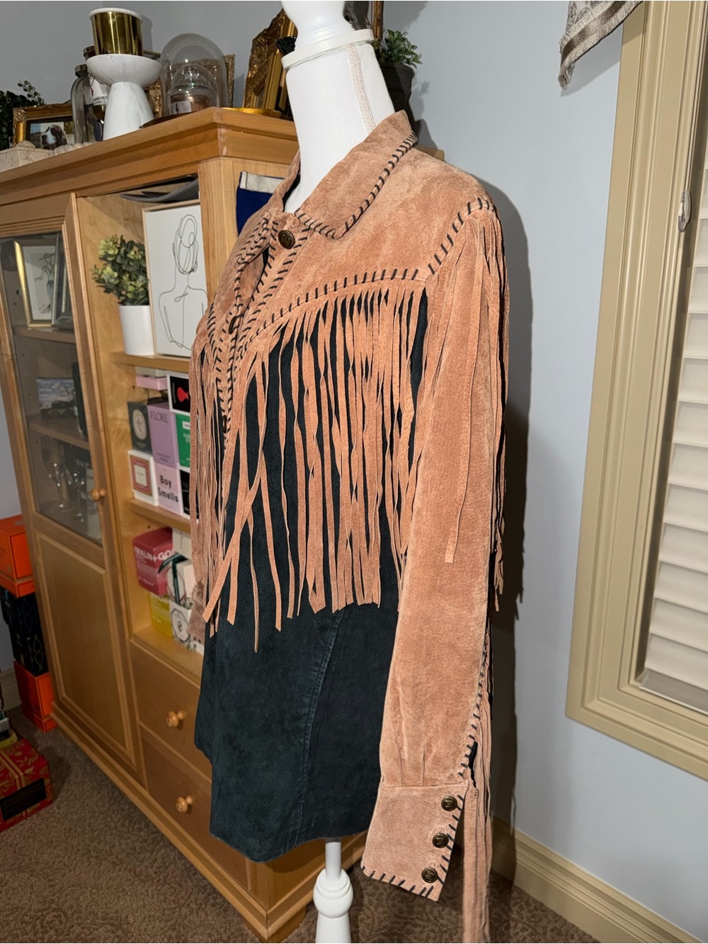 80s Bob Mackie Vintage Fringed Leather Suede Western Jacket Brown & Black Size L - Picture 11 of 15